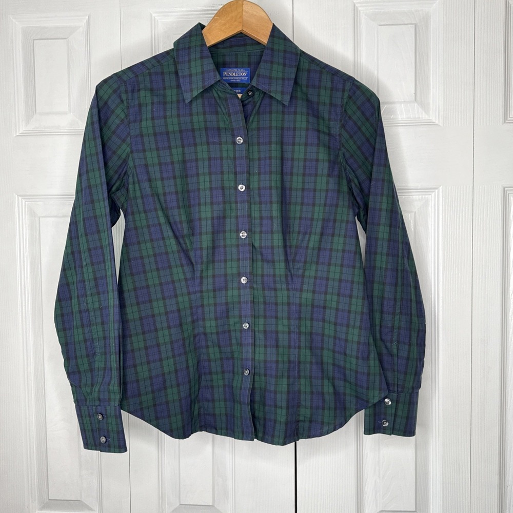 Pendleton Shirt Womens Petite Green‎ Long Sleeve Tartan Plaid Preppy Fitted